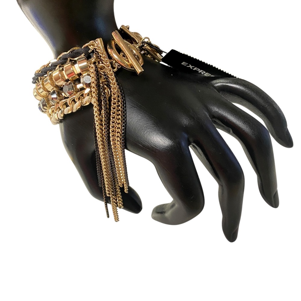 Express Layered Chain Toggle Bracelet Gold Black Gemstones Mixed Media